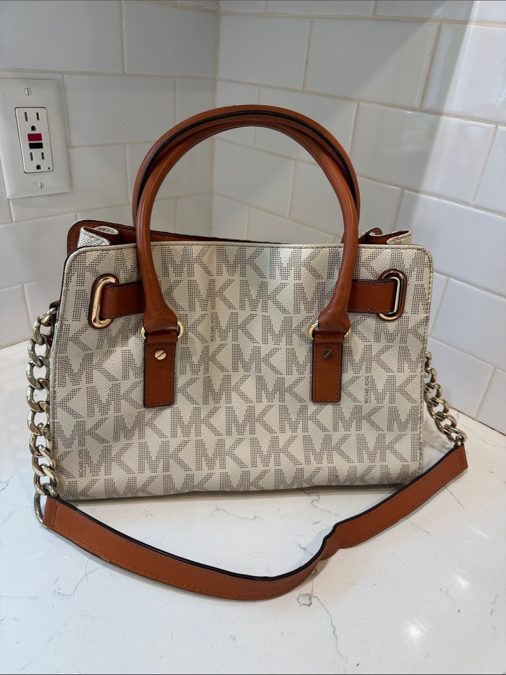 Michael Kors Cream Logo Canvas Satchel with Brown Leather Trim - Picture 6 of 12